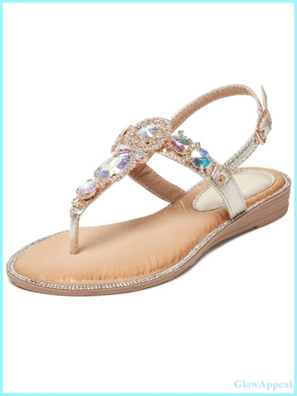 Women's Rhinestone Flat Sandals T-Strap Adjustable Ankle Strap Faux Leather